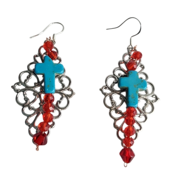 Turquoise Cross Red Faceted Bicone Medallian Earrings - Picture 1 of 2